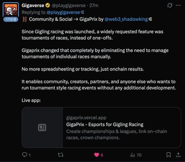 A tweet from Gigaverse (@playgigaverse) announces the launch of Gigaprix by @web3.shadowing, a tool for creating esports tournaments, highlighting features like on-chain results and no spreadsheet tracking.