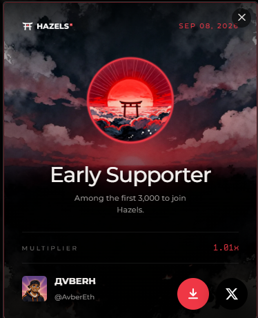 A 'Hazels' Early Supporter profile card showing a multiplier of 1.01x, dated SEP 08, 2026, featuring the username AVBERH (@AvberEth).