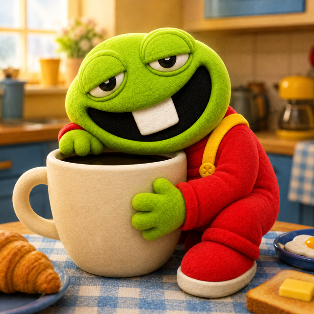 A green plush character with a large toothy grin wearing red overalls hugs a large beige mug on a kitchen counter.