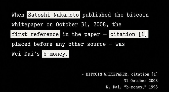 A text slide referencing the Bitcoin whitepaper published by Satoshi Nakamoto on October 31, 2008, noting that the first citation [1] referenced Wei Dai's b-money from 1998.