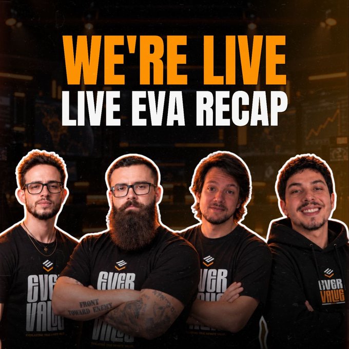 A promotional thumbnail for a 'WE'RE LIVE LIVE EVA RECAP' stream showing four men wearing black 'GVGR VALUE' t-shirts against a dark background with financial charts.