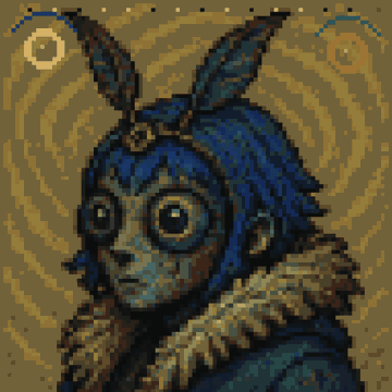 Pixel art illustration of a blue-skinned character with rabbit-like ears, large eyes, and a fur collar, set against a swirling brown background.