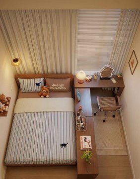 An overhead view of a cozy bedroom featuring a bed with striped bedding, a small desk with a chair, nightstands with lamps, and a teddy bear on the bed.