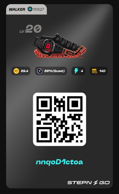 A STEPN GO digital wallet screen showing a 'WALKER' NFT at LV 20, displaying stats, a QR code, and the alphanumeric ID 'nnqoD1ctoa'.