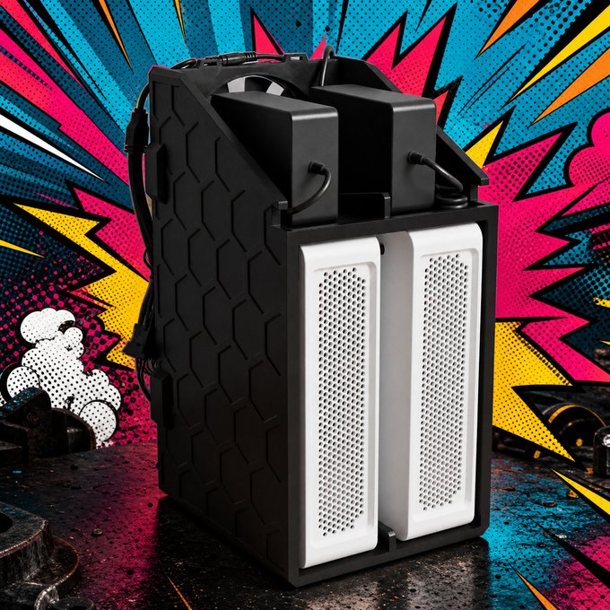 The image showcases a Canaan Avalon Nano 3S dual cooler box bundle, a Bitcoin mining heater with 12 TH/s hash rate, displayed against a vibrant comic book-style pop art background with bold pink, yellow, and blue colors. The black and white industrial device features prominent ventilation panels and connecting cables, visually emphasizing its dual functionality as both a cooling system and a Bitcoin mining heater priced at $525.00.