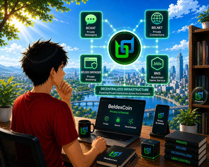 A promotional image of a young man at a laptop displaying "BeldexCoin - Privacy is Normal." with surrounding icons for BCHAT, BELNET, BELDEX BROWSER, BNS, and text "DECENTRALIZED INFRASTRUCTURE".