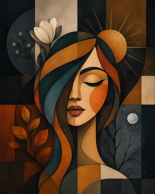 A stylized cubist-style digital artwork of a woman's face with closed eyes, featuring flowing blue and orange hair, a white flower, a sun, a moon, and geometric shapes in warm and cool tones.