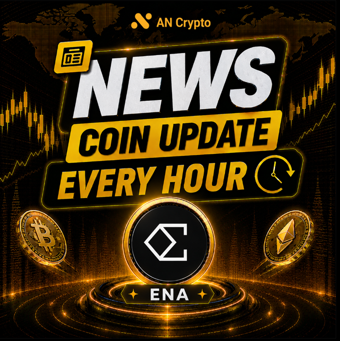 The image is a promotional graphic from AN Crypto announcing "NEWS COIN UPDATE EVERY HOUR," featuring the Ethena (ENA) logo prominently displayed between Bitcoin and Ethereum coins on a gold-accented platform. It ties to the post about Arthur Hayes accumulating 9.05M $ENA ahead of Ethena's token unlock, visually highlighting ENA as the featured coin in this hourly update.