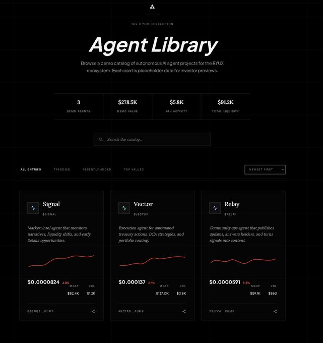 An 'Agent Library' webpage for 'THE RYUX COLLECTION' showing stats like '3 DEMO AGENTS' and '$278.5K DEMO VALUE', featuring three agent cards: Signal, Vector, and Relay with associated metrics.