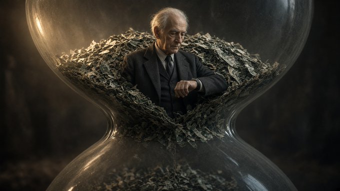 Artistic photo of an elderly man in a suit sitting inside the upper bulb of an hourglass, surrounded by falling shards/sand-like fragments, with the lower bulb containing similar material.