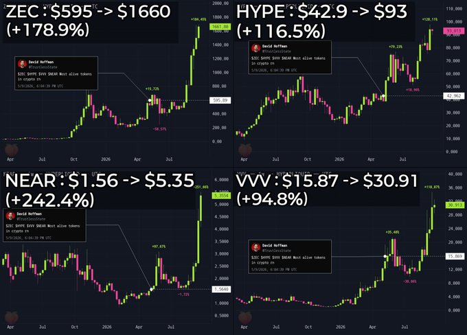 A collage of four candlestick charts displays David Hoffman's portfolio performance for $ZEC (+178.9%), $HYPE (+116.5%), $NEAR (+242.4%), and $VVV (+94.8%), each showing significant gains with annotated price movements. The charts visually reinforce the accompanying post's data, with NEAR being the standout performer despite the caption noting its stronger relative outperformance.