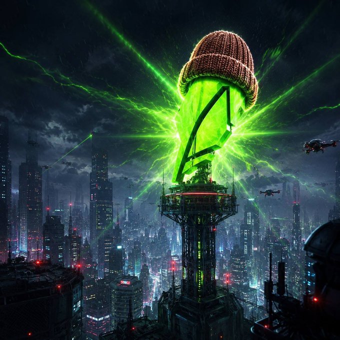 A massive glowing green "WIF" logo, wearing a knitted beanie, beams from atop a futuristic skyscraper overlooking a cyberpunk cityscape at night. The image visualizes the $WIF meme coin as a dominant force in the crypto space, fitting the post's hype about its upcoming developments like staking, AI bots, and an NFT collection on Robinhood Chain.