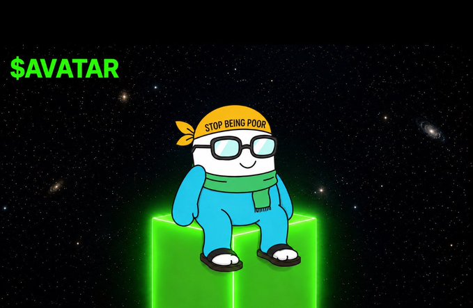 A cartoon character wearing an orange bandana reading 'STOP BEING POOR', glasses, a green scarf, and blue overalls, sitting on a glowing green neon cube against a starry space background with the text '$AVATAR' in green.