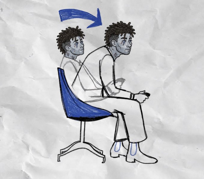 A hand-drawn sketch shows a figure with braided hair sitting on a blue office chair, with an arrow pointing forward and a faded duplicate of himself trailing behind—symbolizing forward momentum and instinct. The imagery reflects the post's theme of trusting intuition while actively searching for a 1000x gem on Solana, suggesting progress and persistence on the journey.