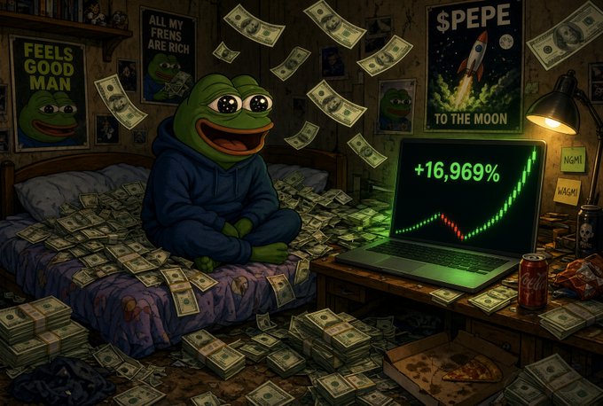 A smug Pepe the Frog sits cross-legged on a bed blanketed in cash, surrounded by meme posters reading "FEELS GOOD MAN," "ALL MY FRENS ARE RICH," and "$PEPE TO THE MOON." Beside him, a laptop displays a green candlestick chart with "+16,969%" gains, visually reinforcing the post's bullish prediction for $Pepe in Q4.