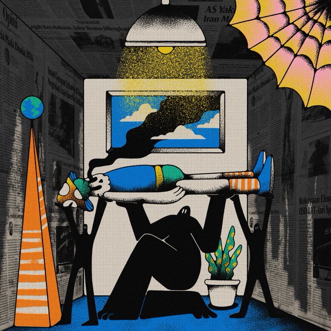 A surreal, mixed-media collage illustration featuring a black figure lying down watching a landscape painting, a ceiling lamp emitting sparkles, a colorful umbrella, a traffic cone, a potted plant, and newspaper clippings (including text referencing Iran, Brunei, and the 2013 Pulitzer), all rendered in a vibrant, psychedelic style.