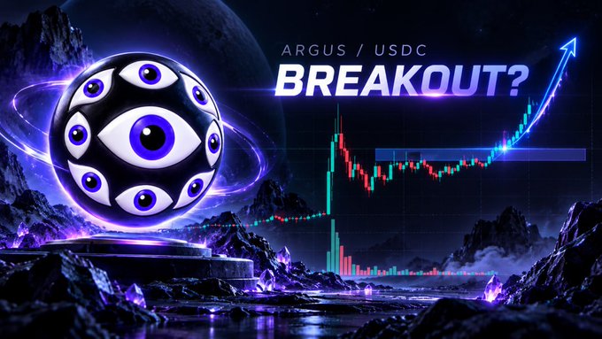 Cryptocurrency promotional graphic for 'ARGUS / USDC' featuring a purple sphere with multiple eyes and a candlestick chart showing an upward breakout trend with an arrow pointing up, set against a cosmic/rocky landscape.
