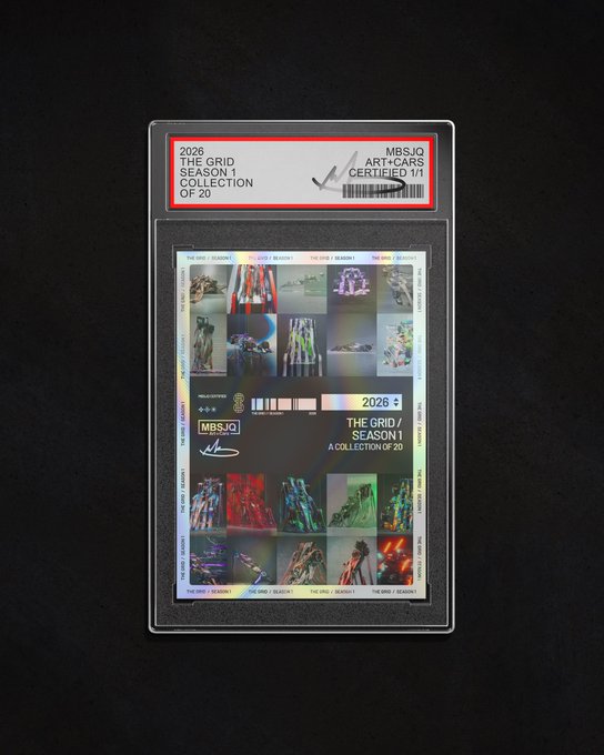 A graded sports card slab labeled '2026 THE GRID SEASON 1 COLLECTION OF 20' and 'MBSJO ART+CARS CERTIFIED 1/1', featuring a holographic grid of racing-themed images.