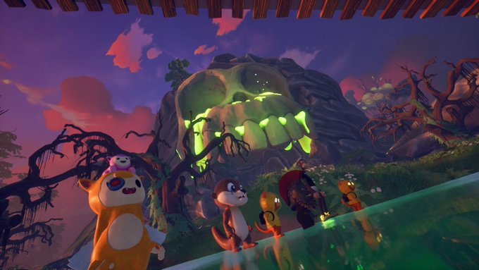 A stylized 3D animated scene featuring a bear in an orange bear suit and three small monkeys looking up at a large, glowing skull-shaped rock formation in a colorful fantasy landscape.