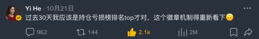 A screenshot of a comment by Yi He（Yi He）dated “10月21日” says: “过去30天我应该是持仓亏损榜排名top才对，这个徽章机制得重新看了😢” with 962 replies, 144 reposts, and 2.1k likes. The comment explains the post’s joke about Yi He appearing on the 30-day loss leaderboard.