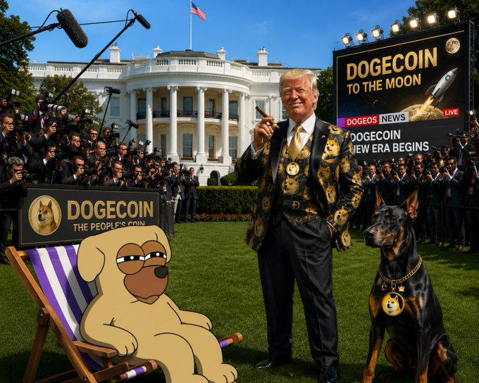 The image features a man standing next to two dogs, with an American President also visible in the background along with a group of people holding signs for cryptocurrency. One sign reads "Dogecoin To The Moon", which could be related to the event. Another sign states that the president is a Bitcoin supporter, and there are multiple people present around him, possibly participating or watching the event.