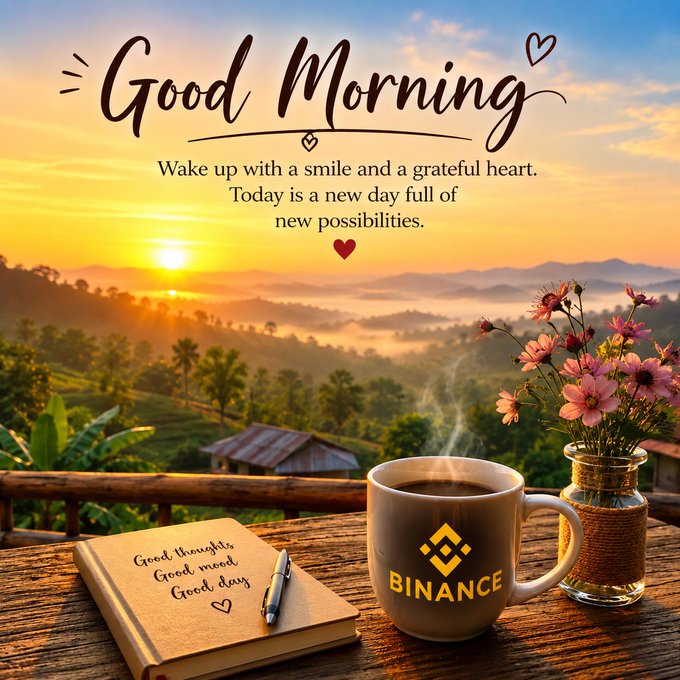 A 'Good Morning' graphic with the quote 'Wake up with a smile and a grateful heart. Today is a new day full of new possibilities,' featuring a Binance mug, coffee, notebook, and flowers against a sunrise.