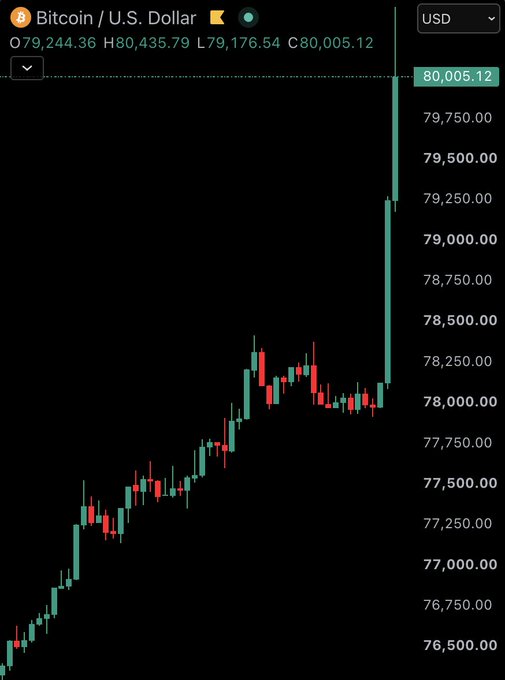 A Bitcoin/USD chart shows BTC surging to $80,005.12 with a dramatic green candle spike from the ~$78,000 range, highlighting the irony of the "I'd rather buy $buttcoin" comment as Bitcoin demonstrates significant upward momentum.