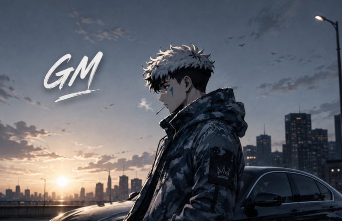 An anime-style young man in a camouflage jacket stands beside a car at sunset against a city skyline, with large white text "GM" on the left.