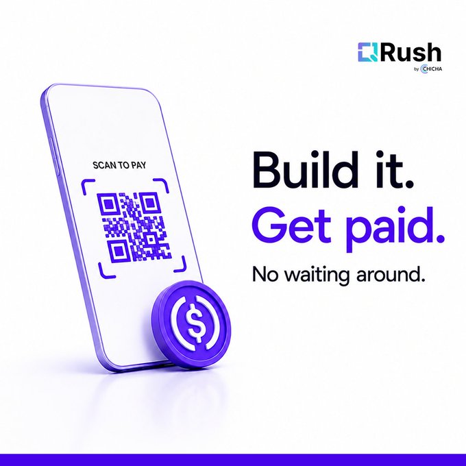 A QRush by MICHA advertisement showing a smartphone with a 'SCAN TO PAY' QR code and text reading 'Build it. Get paid. No waiting around.'