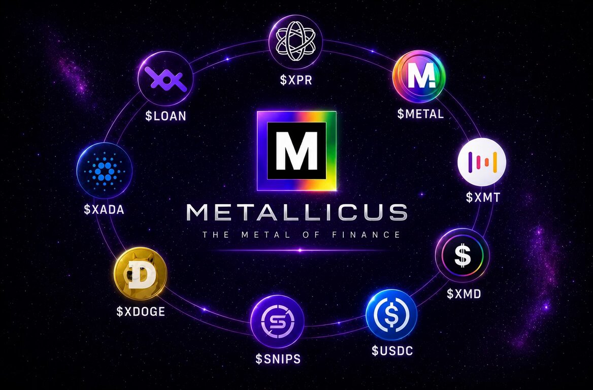 The image features a circular arrangement of various cryptocurrency symbols, including Bitcoin, Ripple, and XRP, all set against a dark purple backdrop with stars scattered throughout. The text "Metallicus" is prominently displayed at the center of the circle, accompanied by the words "the metal of finance". Below this central title, there are descriptions for each cryptocurrency symbol in white text, providing information about their respective uses and benefits.