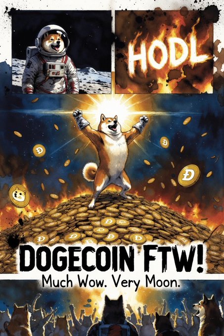 A Dogecoin meme poster features the Shiba Inu dog in a spacesuit and standing on a pile of Doge coins, with text reading 'HODL', 'DOGECOIN FTW!', and 'Much Wow. Very Moon.'