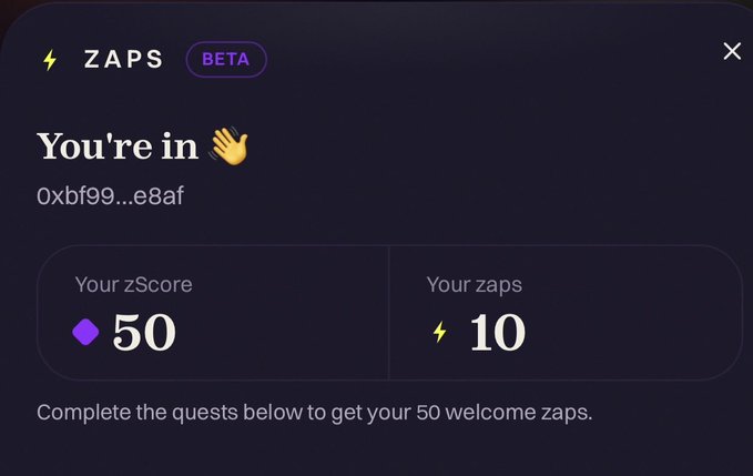 A dark-themed modal labeled "ZAPS" (BETA) welcomes the user with "You're in 👋" and shows their wallet address starting with "0xbf99...e8af," a zScore of 50 (marked with a purple diamond), and 10 zaps. The image illustrates Zeru Finance's Zaps feature mentioned in the post, which assigns users a starting balance based on their existing onchain trading history.