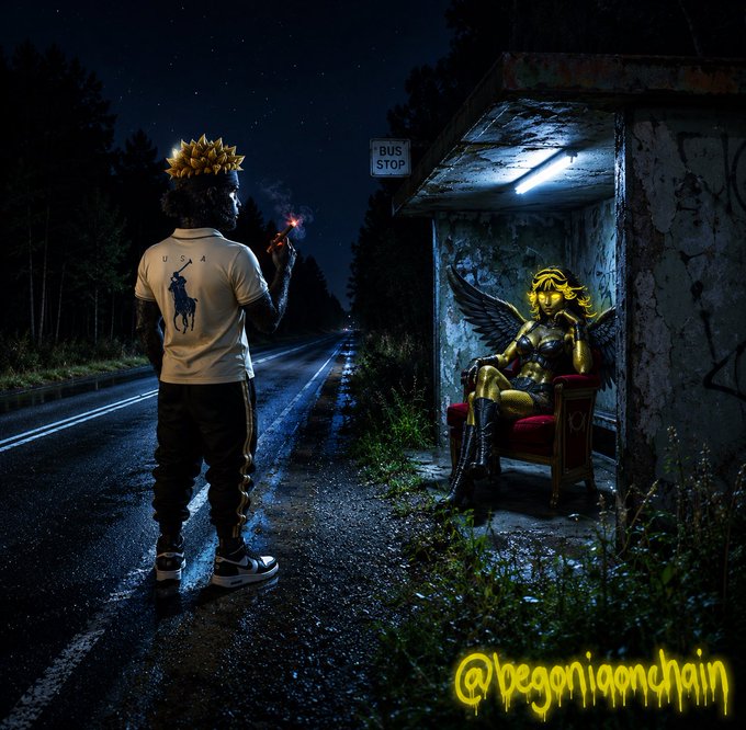 A nighttime digital art scene featuring a person with a spiked crown smoking at a bus stop, with a golden angel statue seated nearby, credited to @begonjaonchain.