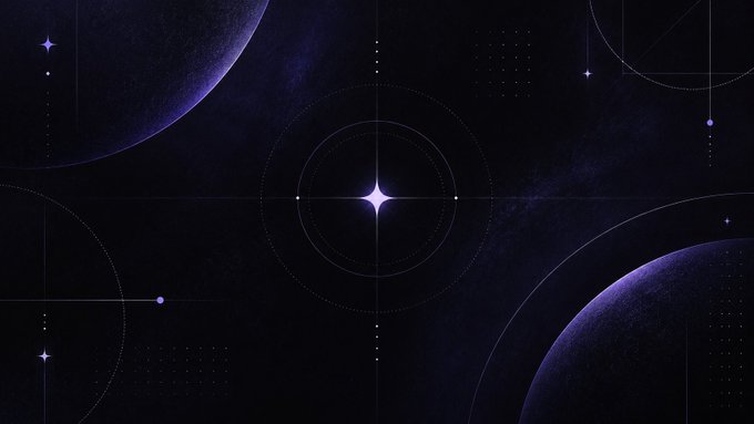 A cosmic wallpaper featuring dark purple planets, stars, and geometric circle designs on a deep blue background.