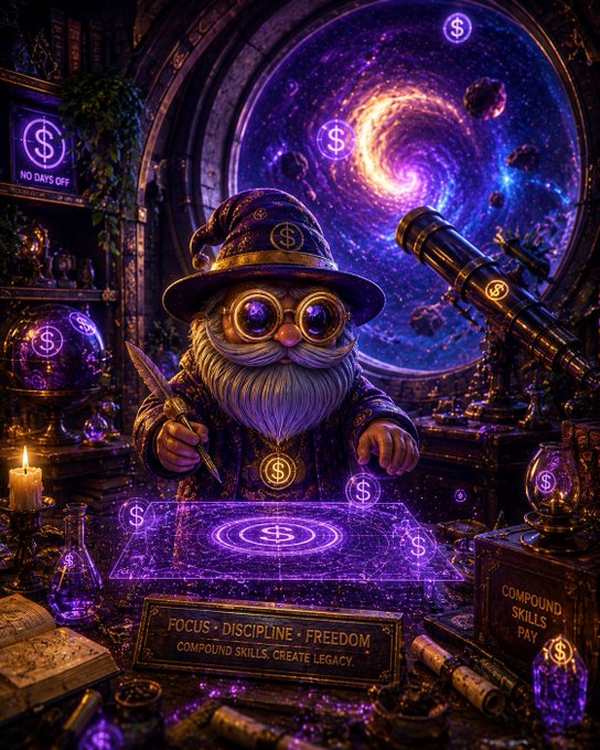 A fantasy illustration of a bearded gnome wizard in purple robes and a hat, holding a quill over a glowing purple arcane symbol filled with dollar signs, surrounded by texts like 'FOCUS * DISCIPLINE * FREEDOM' and 'COMPOUND SKILLS PAY'.