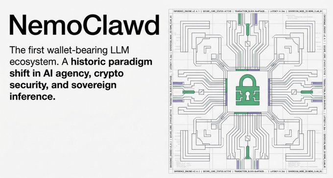 A promotional graphic for "NemoClawd," described as "The first wallet-bearing LLM ecosystem," featuring a circuit-board design with a central padlock icon, aligns with a post announcing the relaunch of the $CLAWD token on Solana to onboard AI developers.