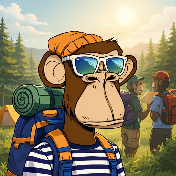 A cartoon monkey wearing sunglasses, a striped shirt, and a hiking backpack stands in a sunlit forest campsite, with two other campers in the background. The image's outdoor, community-oriented scene complements the post's message about @FIH_USD1 fostering a welcoming community and genuine connection beyond market volatility.