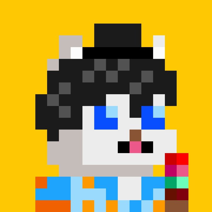 Pixel art character portrait with black hair, blue eyes, a small top hat, and colorful clothing against a yellow background.