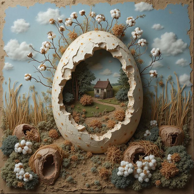 A surreal 3D diorama features a large cracked egg revealing a miniature landscape with a small house inside, surrounded by cotton plants, dried grass, and earthy textures.