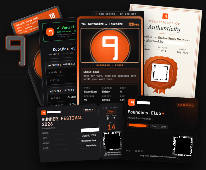 A collection of dark-themed digital cards and tickets, including a Certificate of Authenticity for 'Ember Study No. 7', a 'SUMMER FESTIVAL 2026' ticket, and 'Founders Club' membership cards, all branded with the number '9'.