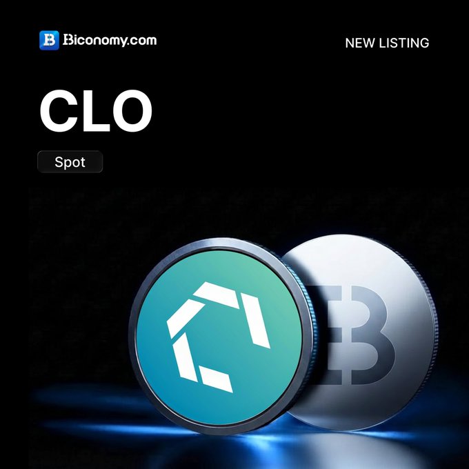 Promotional graphic from Biconomy.com announcing a 'NEW LISTING' for the CLO Spot token, featuring coin imagery.