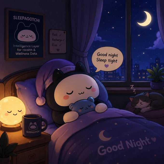 A digital illustration of a cute 'Sleepagotchi' cat character sleeping in a bed under a night sky with a moon, accompanied by 'Good night Sleep tight' and 'Good Night' text.