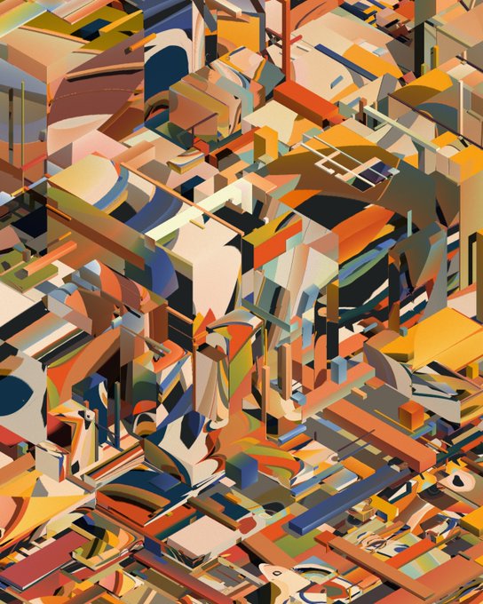 An abstract cubist-style painting featuring fragmented geometric shapes in warm earth tones, oranges, yellows, blues, and greens with chaotic overlapping forms.