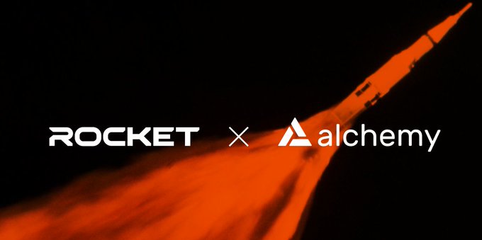 The image features a rocket flying through space with an orange trail coming out of its nose, accompanied by the text "Rocket" and "Alchemy". The caption below the image reads "Rocket is proud to be building with @Alchemy Onchain markets need reliable infrastructure: RPCs, real-time data, and systems that stay stable as activity grows.".