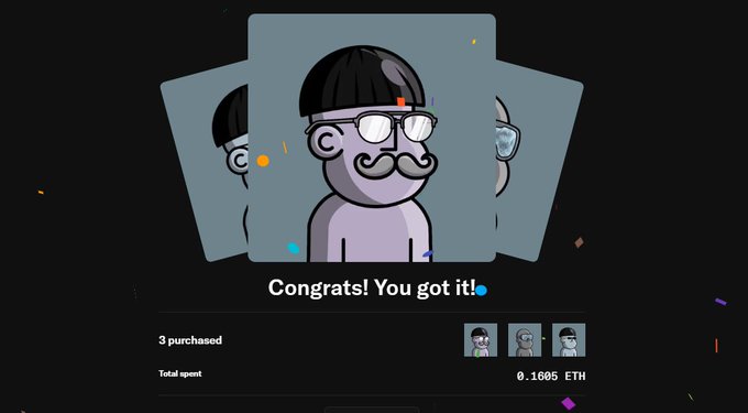 A celebratory NFT purchase screen displays "Congrats! You got it!" above three identical cartoon avatars of a man with glasses, a mustache, and dark hair, noting "3 purchased" for a "Total spent" of "0.1605 ETH." The triumphant message and Vrooom-themed branding ties into the post's rallying cry to "make NFTs great again," marking the successful acquisition of three pieces in the collection.