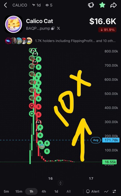 A cryptocurrency price chart for 'Calico Cat' showing a price of $16.6K with a 91.9% decline, featuring green 'B' and red 'S' trading markers and a hand-drawn yellow '107X' with an upward arrow overlaid on the chart.