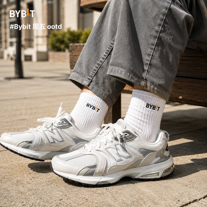 A lifestyle product photo showcases white New Balance sneakers paired with white 'BYBIT' branded socks, with the hashtag '#Bybit 周五 ootd' (Friday outfit of the day) displayed in the corner.