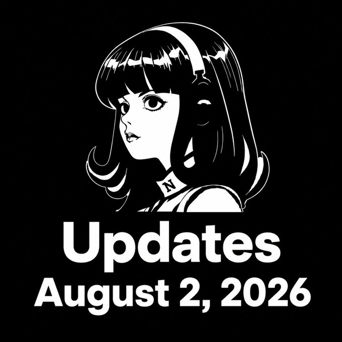 A black and white illustration of an anime-style girl with a headband and a choker bearing the letter "N" appears above the text "Updates August 2, 2026".