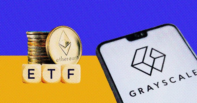 An image showing Ethereum coins stacked next to wooden blocks spelling 'ETF' on a yellow background, alongside a smartphone displaying the Grayscale logo, referencing an Ethereum ETF.