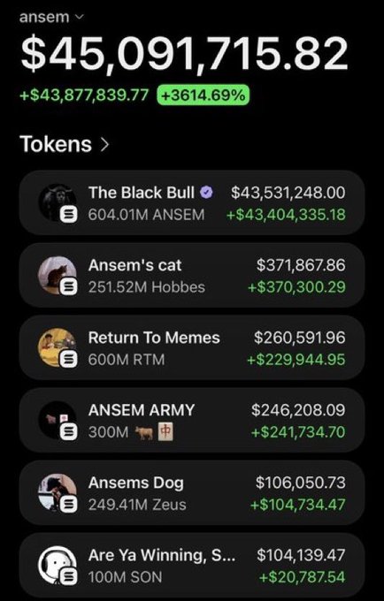 A crypto portfolio screenshot showing "ansem" holding tokens worth $45,091,715.82 (up +$43,877,839.77 / +3614.69%), with major holdings including The Black Bull ($43.5M, 604.01M ANSEM), Ansem's cat ($371K, 251.52M Hobbes), and Return To Memes ($260K, 600M RTM). The image illustrates the post's hype about a Solana memecoin "super circle," using ansem's massive gains as visual evidence of the parabolic returns being promised.